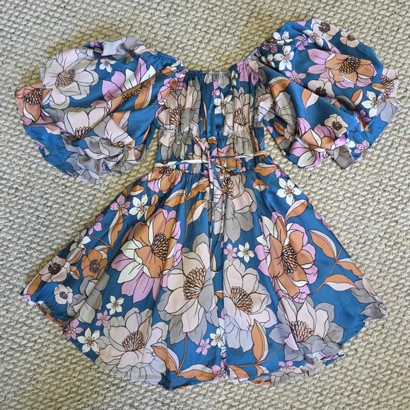 Floral Off-Shoulder Dress in Blue and Pink - Picture 1 of 9